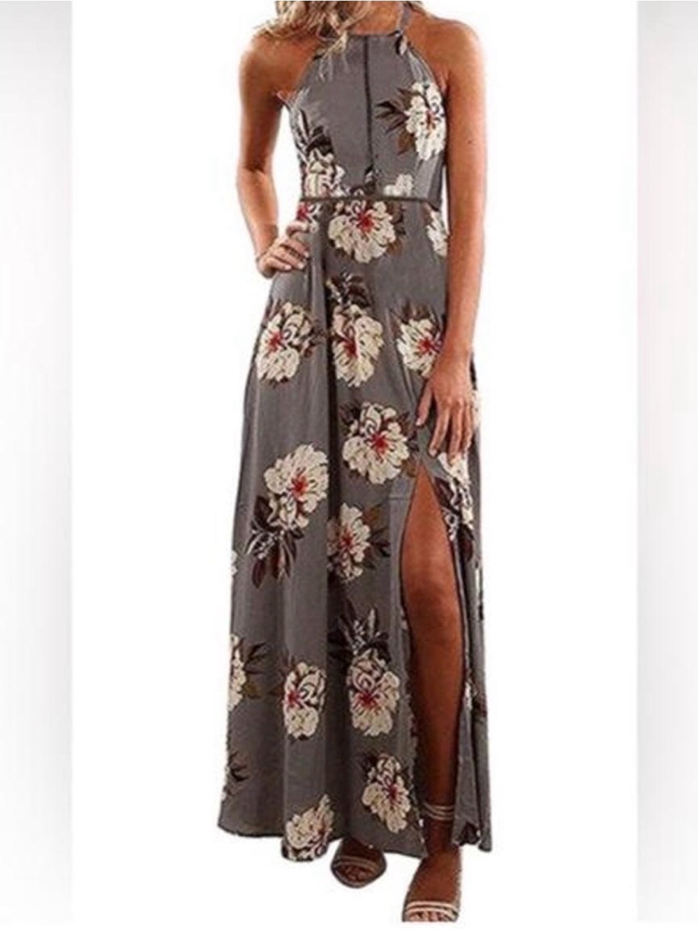 Halter Floral Maxi Dress in Gray with Cream Blooms